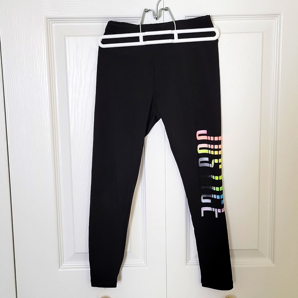 Justice Leggings 6 Black Rainbow Glitter Logo Graphic Playful